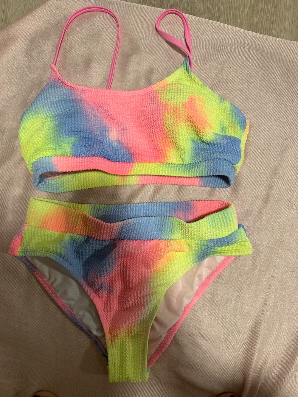 Women’s Rainbow Tie-Dye Bikini Set - Neon Pink, Yellow & Blue - Large
